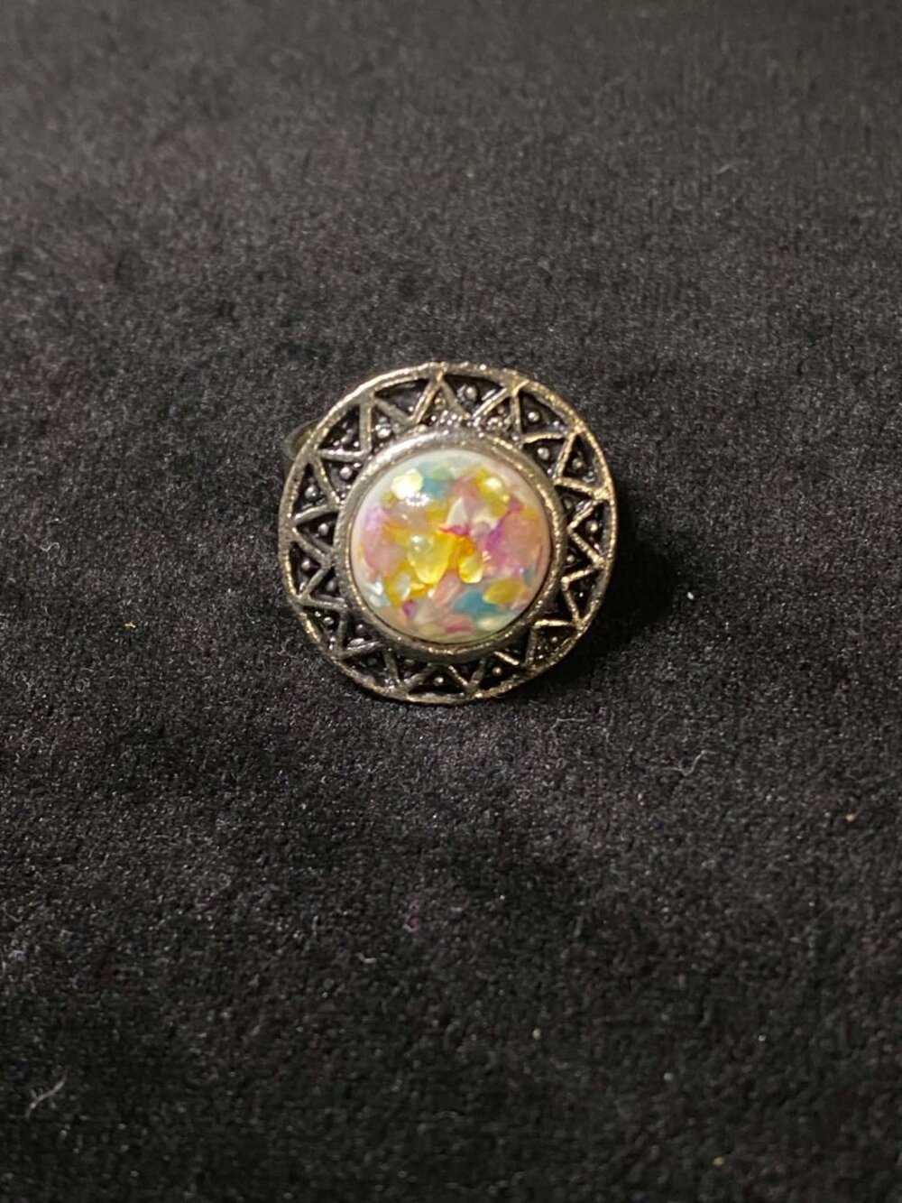 Vintage Faux Opal Glitter Adjustable Antique Silver tone Ring
